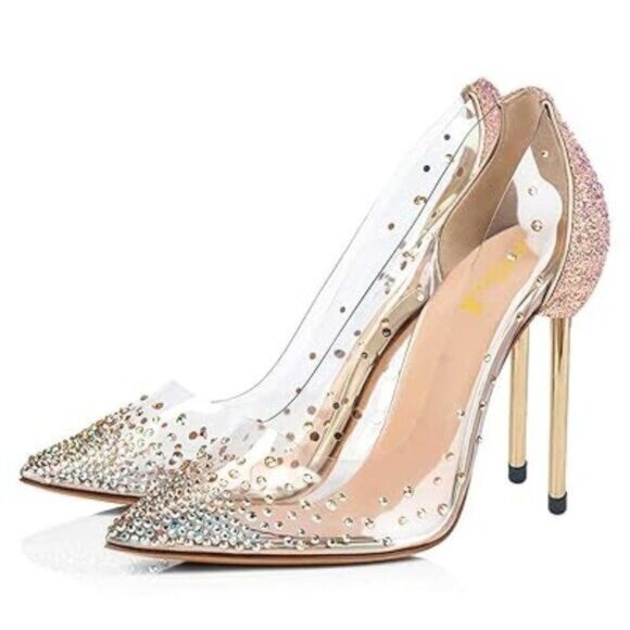 FSJ Gold Women Studded Pointed Toe Transparent Pumps High Heels Shoes with Cute - Picture 1 of 8